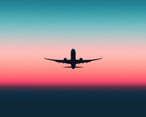 Obraz premium A tranquil scene of an airplane flying into a horizon of vivid sunrise gradients