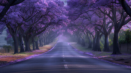 Serene road lined with blooming purple trees, leading into a misty background in springtime