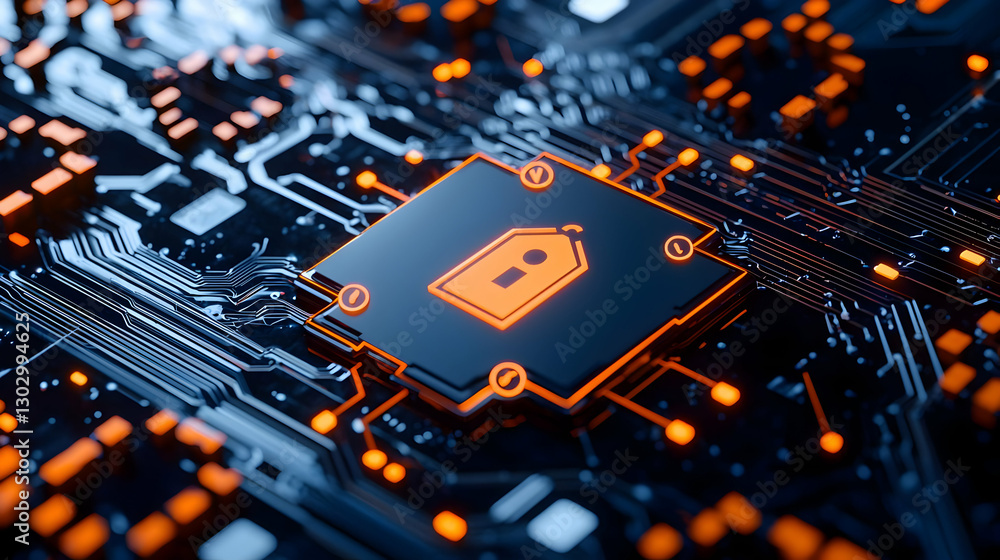 Poster futuristic circuit board with lock symbol signifying digital security