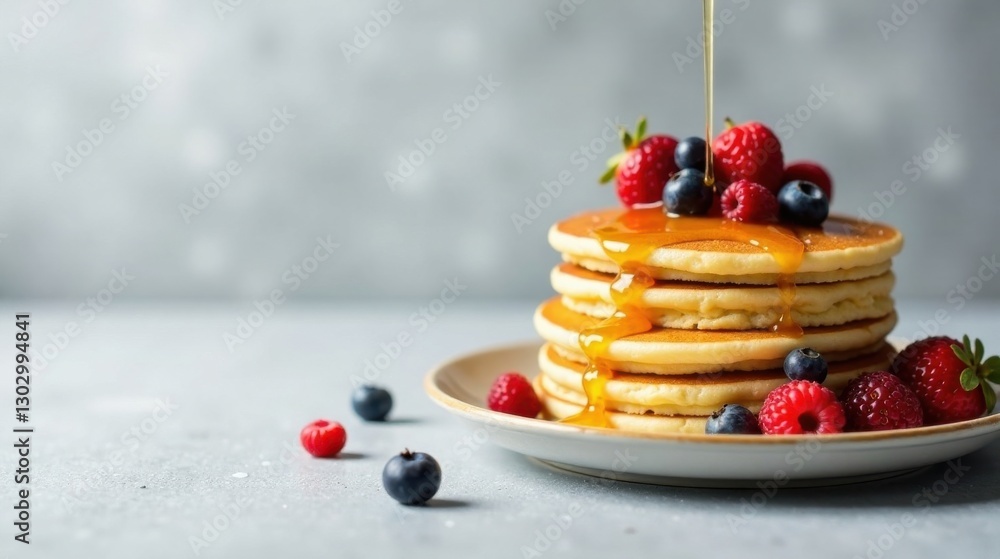 Poster a delicious stack of fluffy pancakes, generously drizzled with golden syrup and adorned with a vibra