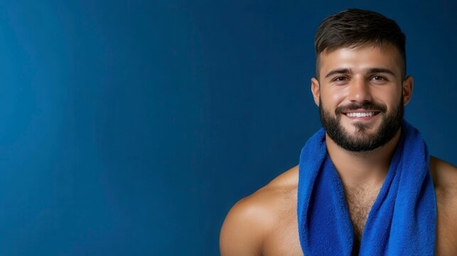 Smiling man with short hair and beard wearing a blue towel against blue background