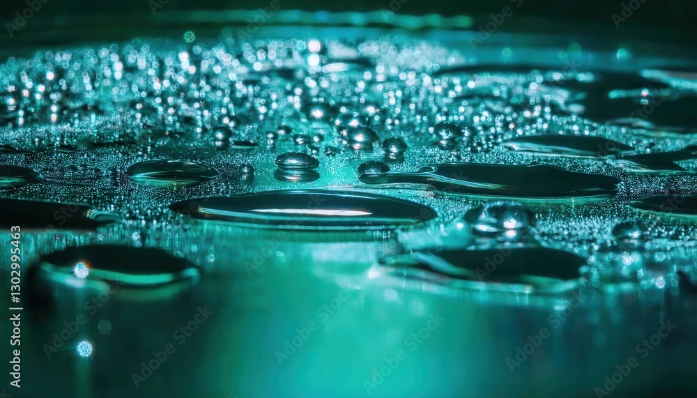 Poster macro water droplets on reflective surface with glowing teal bokeh, abstract liquid texture, futuris