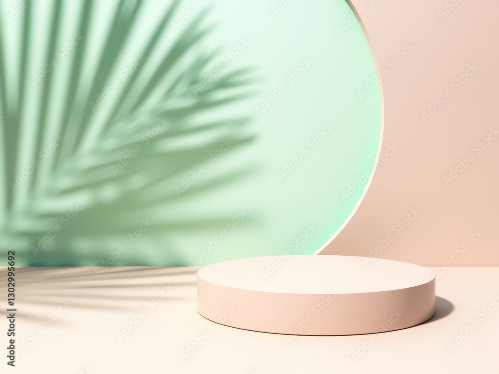 Poster minimalist product display platform with palm leaf shadows
