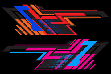 Futuristic Cyberpunk Racing Stripes Car Decal Design, geometric patterns in vibrant red, orange, blue, pink, and black