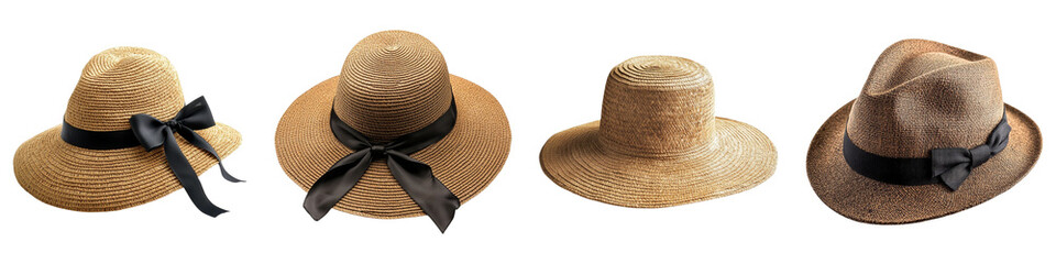Set of stylish straw hats with black ribbons for sun protection and fashion, isolated on transparent background, Cutout PNG