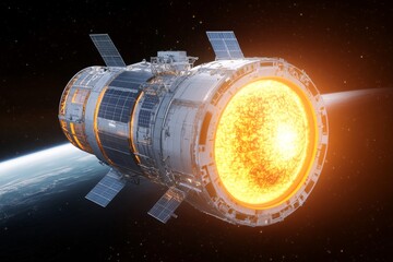 A futuristic space station generating energy from an artificial sun core