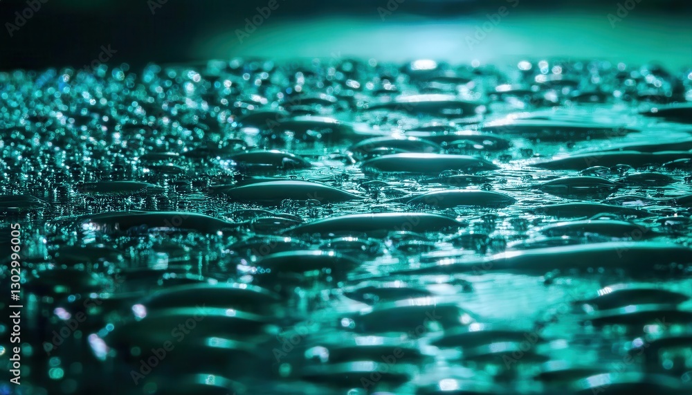 Aufkleber macro water droplets on reflective surface with glowing teal bokeh, abstract liquid texture, futuris