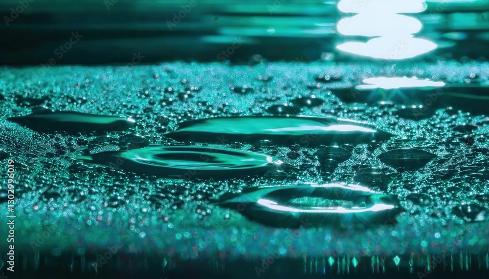 Poster macro water droplets on reflective surface with glowing teal bokeh, abstract liquid texture, futuris