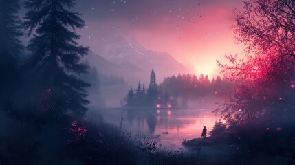 Naklejka premium Enchanted Sunset Lake: A Serene Fantasy Landscape