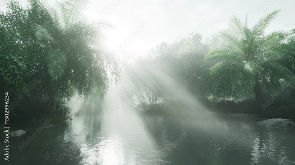Poster sun rays streaming through trees over river creating a dreamy scene