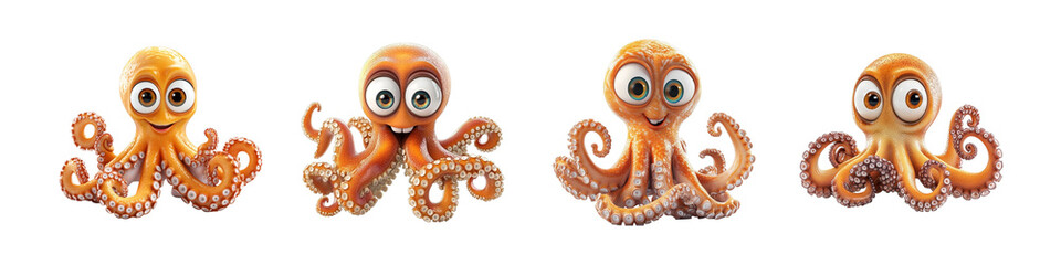 Set of four cute cartoon octopuses expressing various emotions isolated on transparent background, Cutout PNG