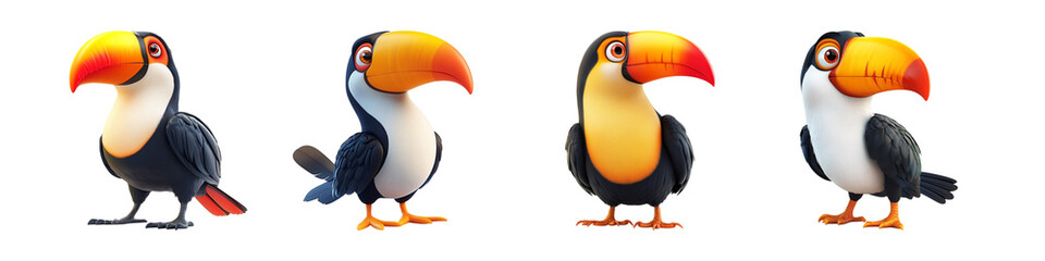Fototapeta premium Set of colorful cartoon toucans standing in different poses isolated on transparent background, Cutout PNG