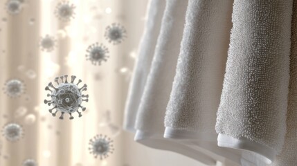 Realistic image of white towels hanging in a room with visible virus particles in the air
