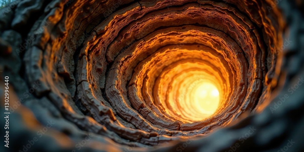 Aufkleber glowing light at the end of a textured, circular, spiraling tunnel inside a tree trunk