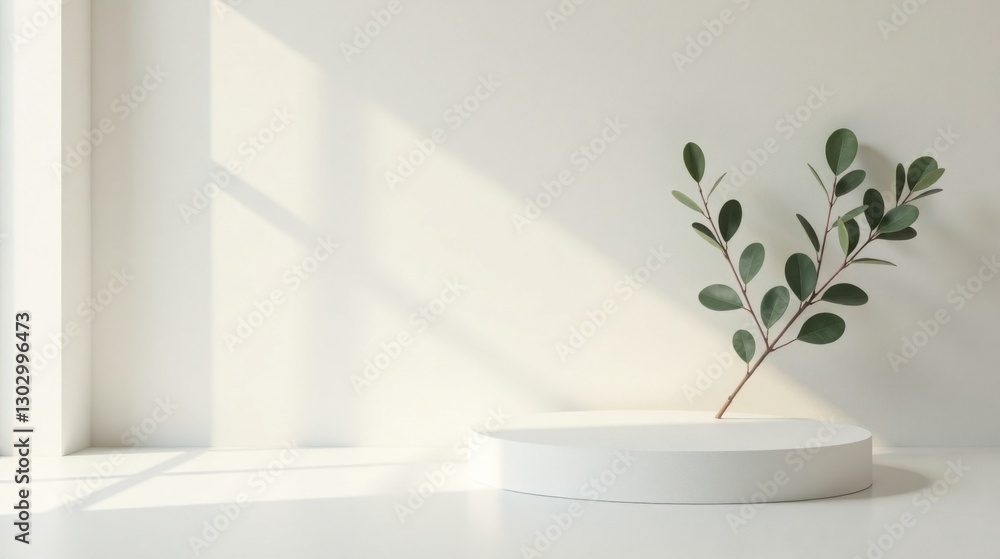 Aufkleber serene minimalist product display featuring a branch with lush green foliage on a white circular ped
