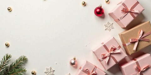 Fototapeta premium Elegant Festive Gifts and Ornaments on White Background A Serene Holiday Scene