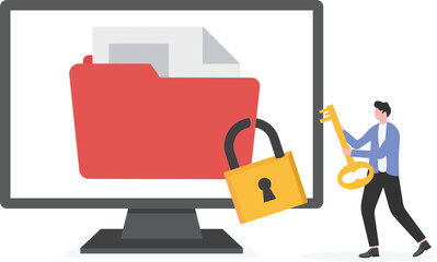 vector digital file protection concept of businessman using security key to access digital files.

