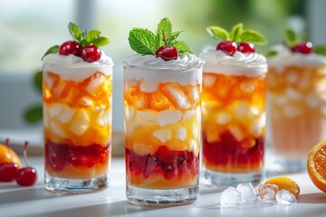 Vibrant and colorful layered dessert dirty sodas in various flavors with layers of cream, fruit sauce, cherry pieces, mint leaves, orange slices, and ice cubes