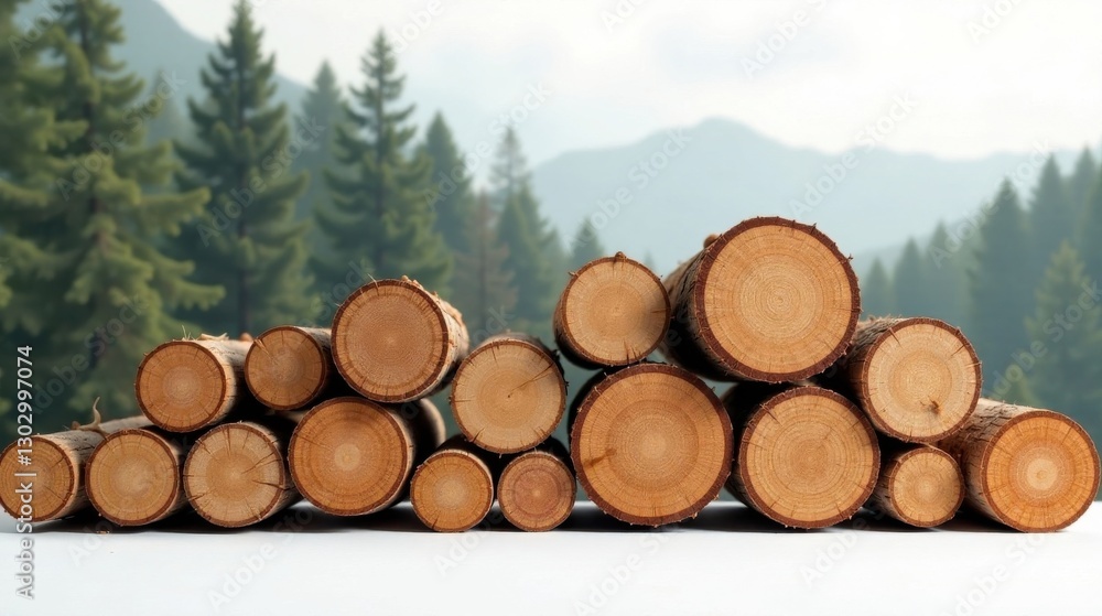 Poster stack of freshly cut lumber logs against a blurred background of evergreen trees