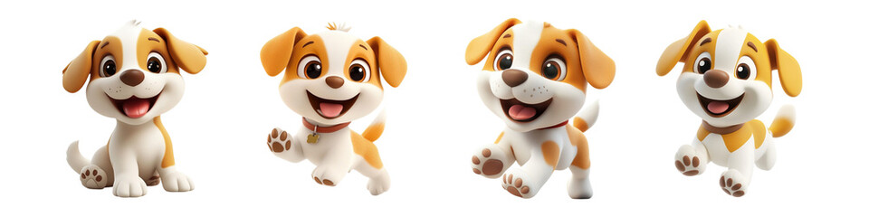 Set of cute playful puppies running joyfully in a fun setting isolated on transparent background, Cutout PNG