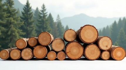 Stack of freshly cut lumber logs against a blurred background of evergreen trees