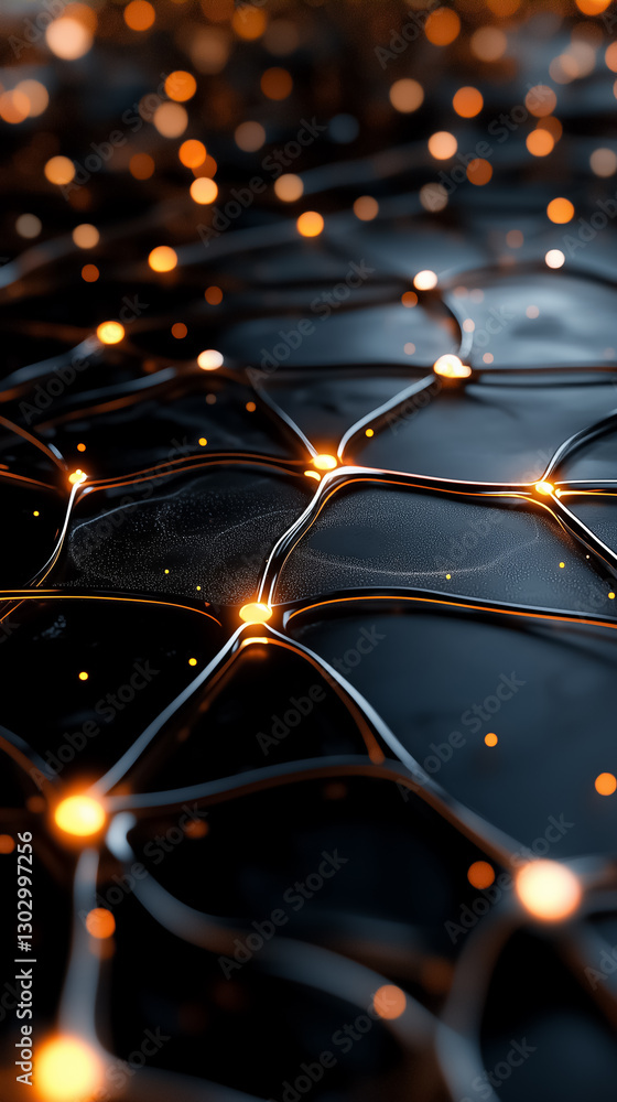 Poster in a dark ambiance, a network of neural pathways glimmers with glowing nodes, symbolizing the intric