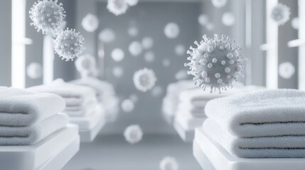 Realistic display of white towels hanging in a room surrounded by floating virus particles
