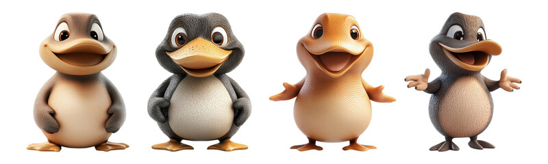 Fototapeta premium Set of cute cartoon ducks with various expressions and poses, isolated on transparent background, Cutout PNG