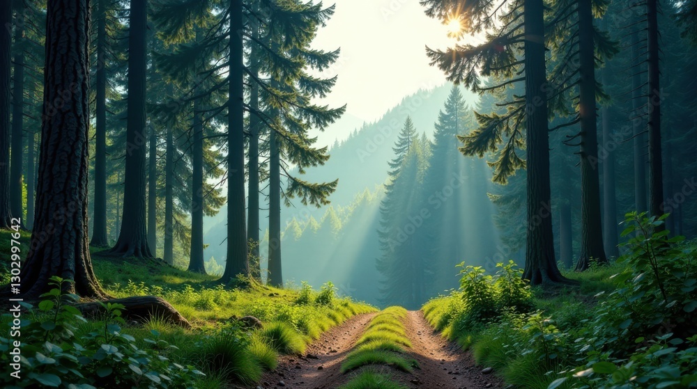 Poster Sunbeams Illuminate a Forest Path Leading Through Lush Greenery and Tall Trees