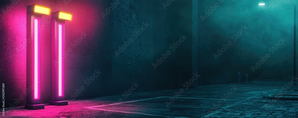 Poster neon lights illuminate a dark, moody space, creating a vibrant yet mysterious atmosphere.