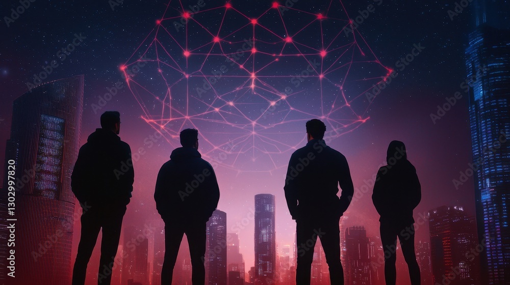 Poster silhouettes of four figures against a vibrant cityscape and a network of lights representing technol