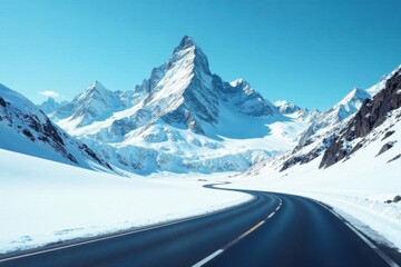 A winding asphalt road through a pristine, snow-covered mountain pass on a clear, sunny day
