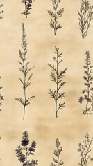 Fototapeta premium Hand Sketched Botanical Seamless Pattern on Aged Parchment Background