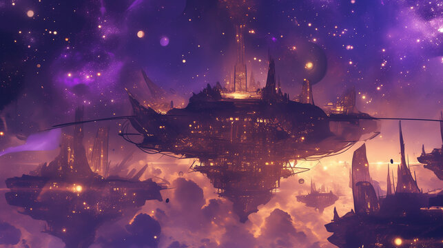 Fantasy space scene with galaxy, nebula, stars, cosmos, and planets in the universe art