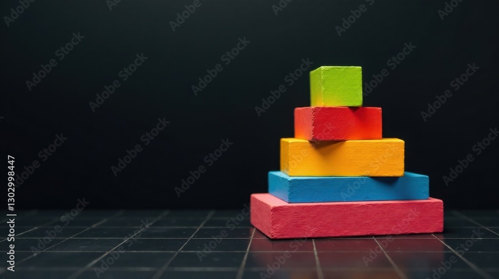 Poster a vibrant pyramid structure composed of colorful blocks, meticulously arranged on a dark surface, sy