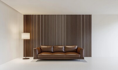 Modern living room interior design, featuring a brown leather sofa and wooden wall paneling. Suitable for home decor catalog or real estate listing