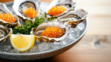 A plate of fresh oysters topped with salmon roe, garnished with lemon and served on ice, showcasing a luxurious seafood delicacy.