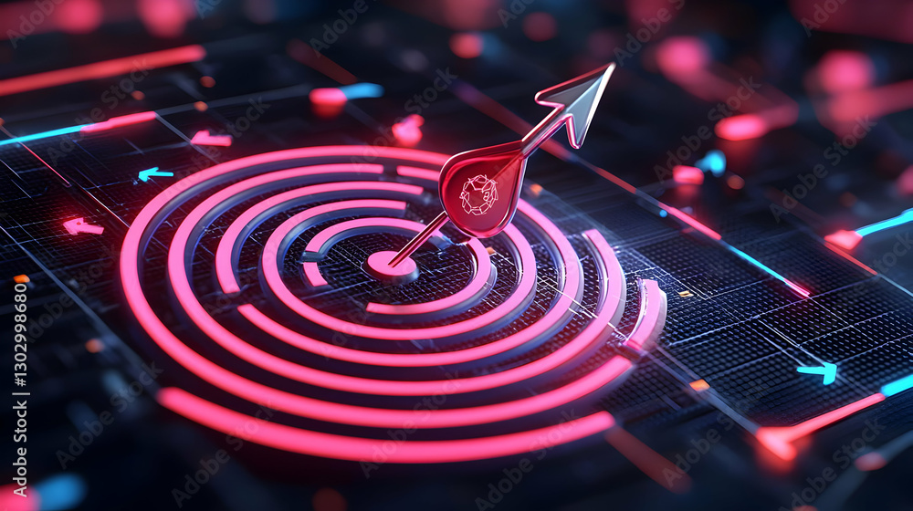Poster digital target with arrow in futuristic neon circles and design