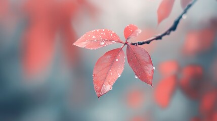 Serene Autumn Leaves: Dew-Kissed Red Foliage in Soft Light