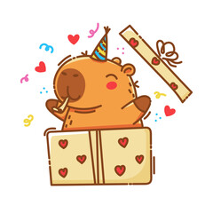 Cute capybara surprise from the box in colorful doodle style. Happy birthday. Isolated on white background. Vector illustration.