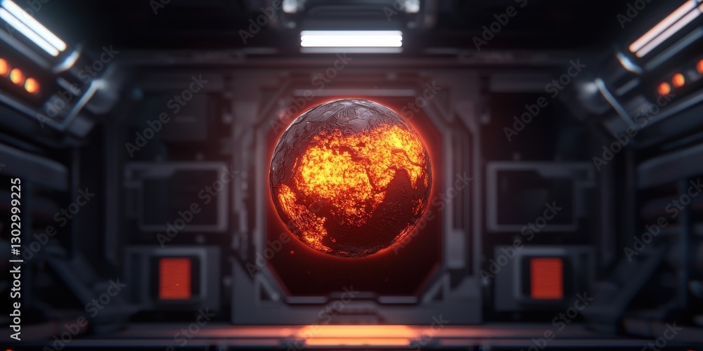 Poster a futuristic interior showcases a glowing, fiery earth, suspended within a high-tech environment, cr