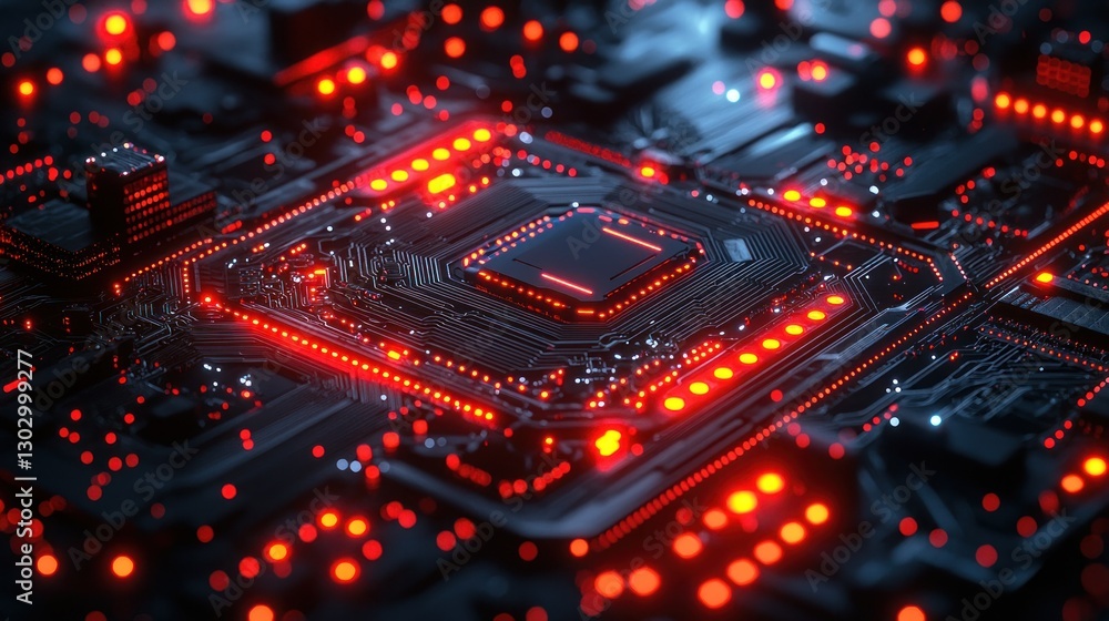 Aufkleber high-tech circuit board with illuminated processor, glowing red lights