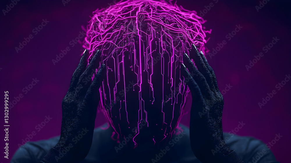Poster abstract head with digital elements and neon effects in dark setting
