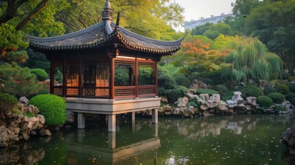 Naklejka premium Tranquil Chinese Pavilion Surrounded by Lush Gardens and Reflection Pond
