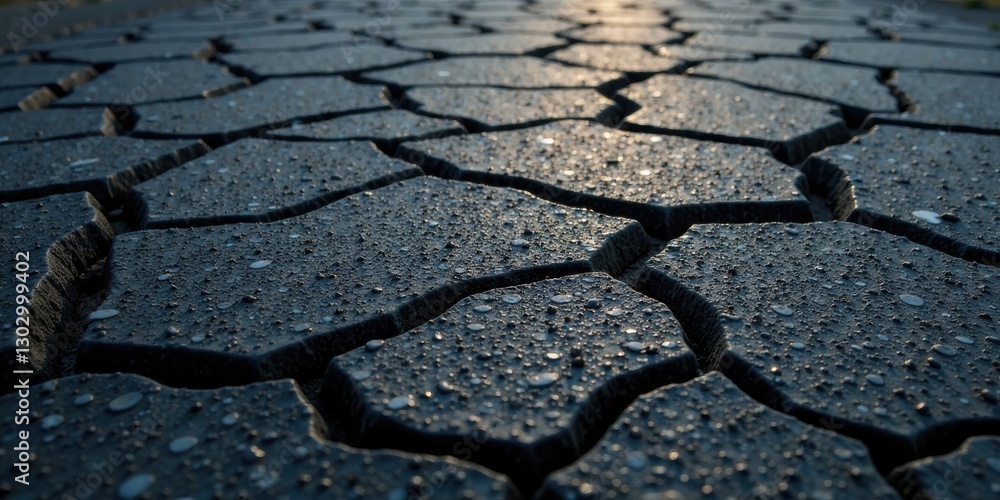 Aufkleber Dark Interlocking Pavement, Wet from Recent Rain, Showing Detailed Texture and Subtle Light Reflections