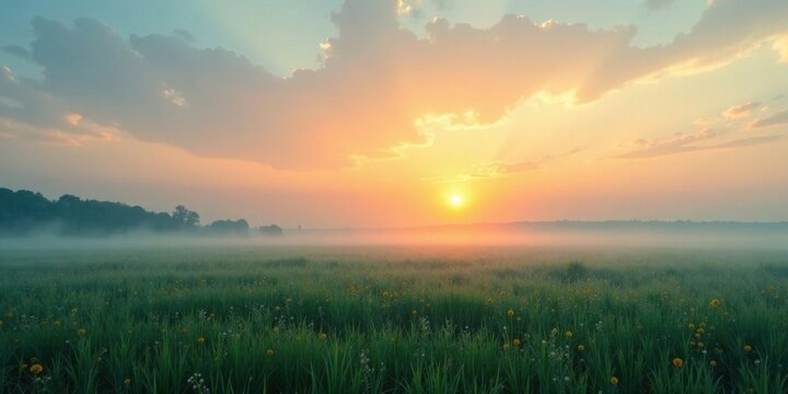 Serene Sunrise over a Misty Meadow with Wildflowers