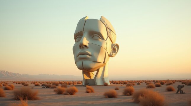 Monumental head sculpture in a desert landscape with soft sunlight and clear sky creating a surreal atmosphere.