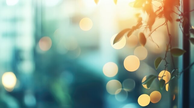 Blurred Background. Bright Boke Lignts. Golden Warm Sessional Sign, Pacheful Outdoor Atmosphere. 