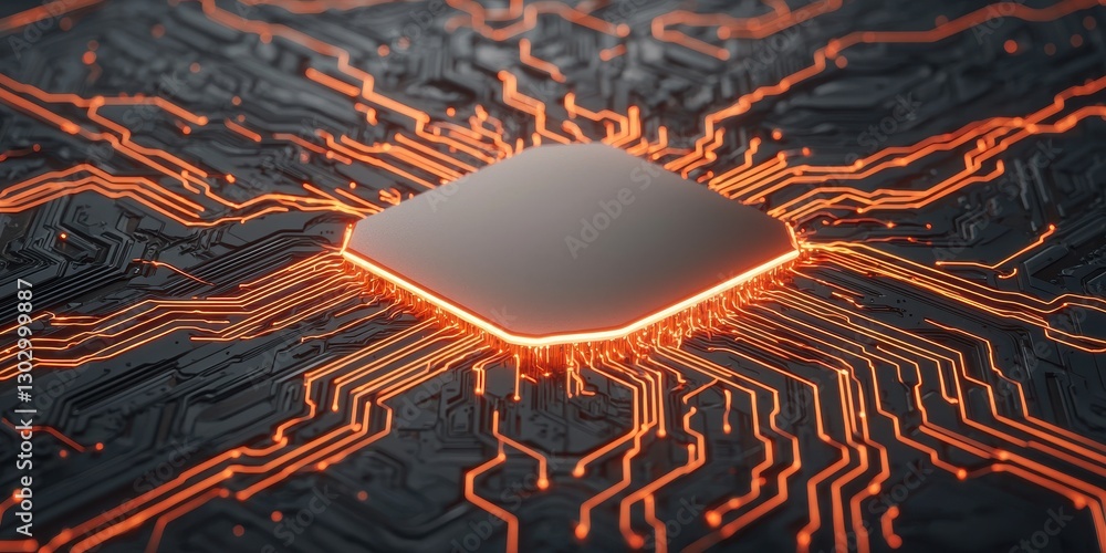 Poster a close-up view of a microchip with glowing orange circuitry radiating outward, depicting advanced t