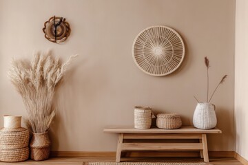 Stylish composition of boho interior design with elegant accessories in a minimalist style